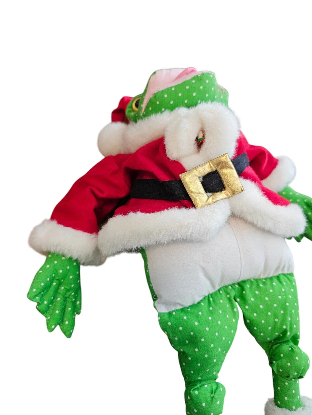 Vtg 1996 Christmas frog hand puppet dressed in a red and white Santa Claus suit